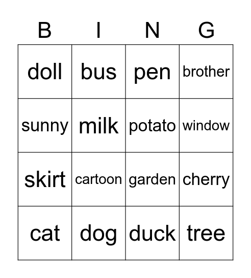 Vocabulary bingo Card