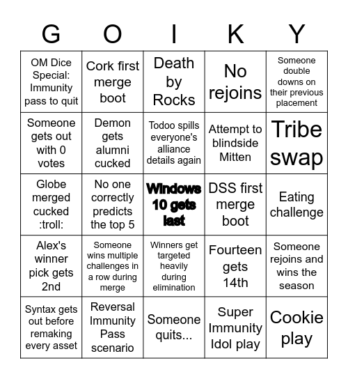 Survivor Goiky All-Stars Bingo Card