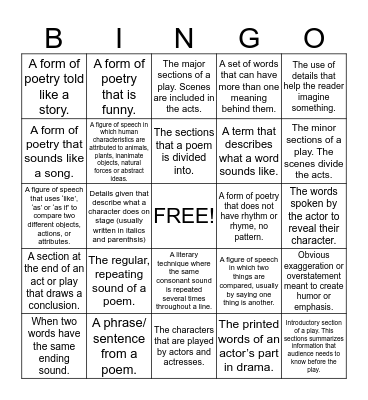 Poetry & Drama Bingo Card