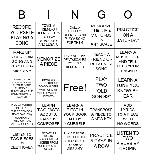 SUMMER PIANO CHALLENGE! Bingo Card