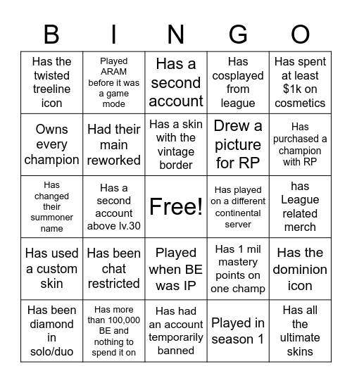 League of Legends Bingo Card