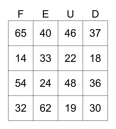 Pearl Senior Center Family Feud Bingo Card