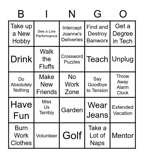 Retirement Bingo Card