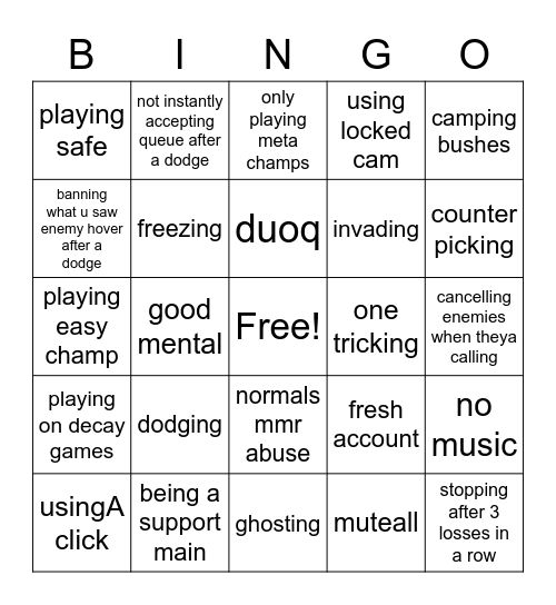 unskilled player bingo Card