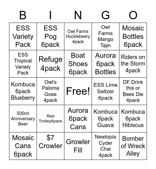 Beer To-Go Bingo Card