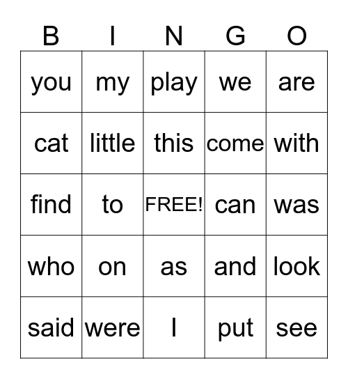 Sight Word Bingo Card