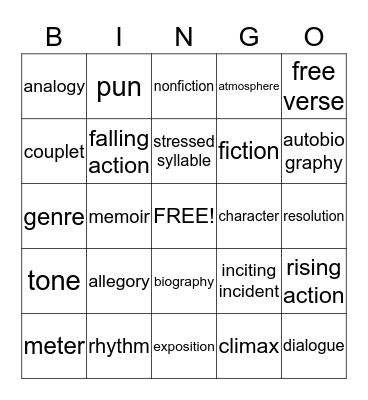 English 8/Literary Terms Unit 4 Bingo Card