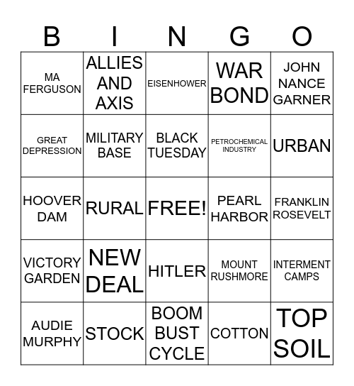 DUST BOWL DEPRESSION  WWII Bingo Card