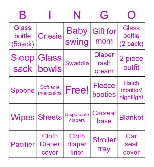 8/14 Baby Sprinkle Bingo Card