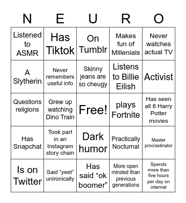 Gen Z bingo Card