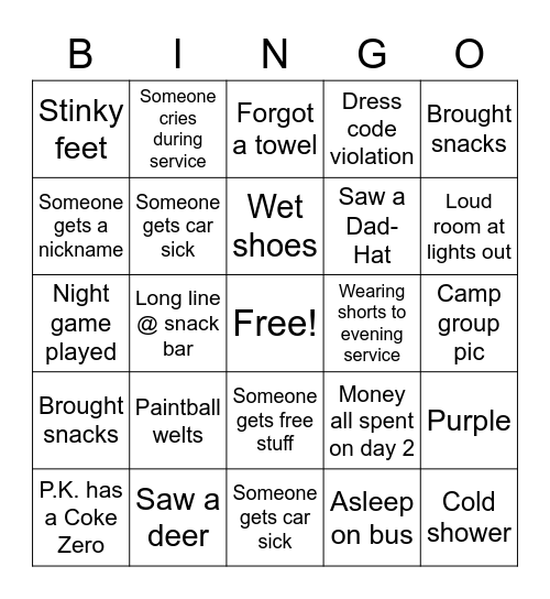 Camp Cedaredge 2021 Bingo Card