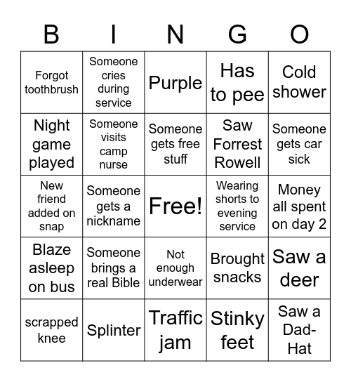 Camp Cedaredge 2021 Bingo Card