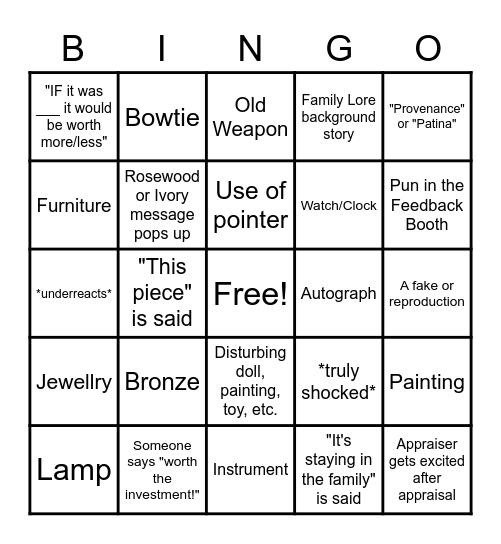 Antiques Roadshow Bingo Card
