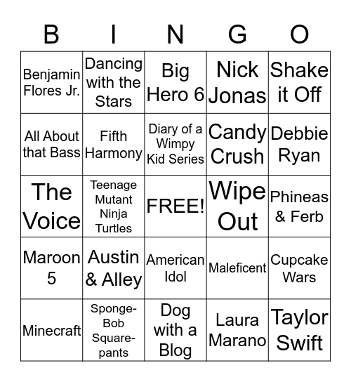 Nickelodeon Kids' Choice Awards 2015 Bingo Card