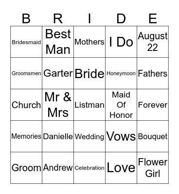 Danielle's Bridal Shower Bingo Card