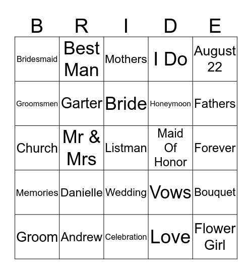 Danielle's Bridal Shower Bingo Card