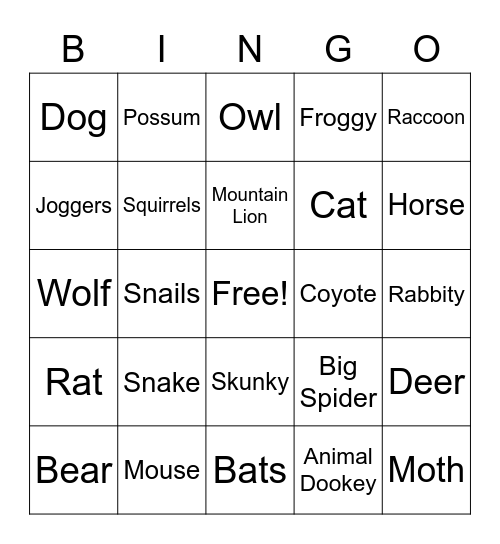Night Animal Hunting Bingo Card