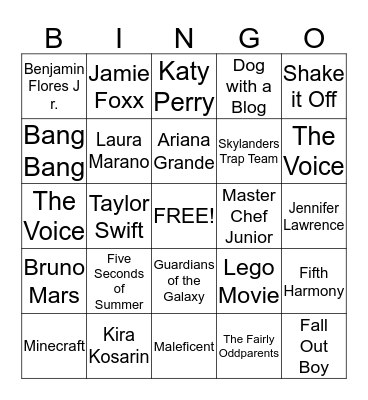 Nickelodeon Kids' Choice Awards 2015 Bingo Card