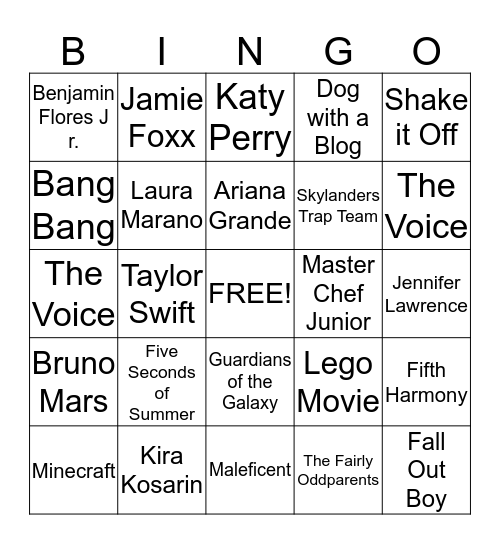 Nickelodeon Kids' Choice Awards 2015 Bingo Card