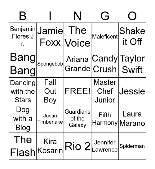 Nickelodeon Kids' Choice Awards 2015 Bingo Card