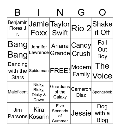 Nickelodeon Kids' Choice Awards 2015 Bingo Card