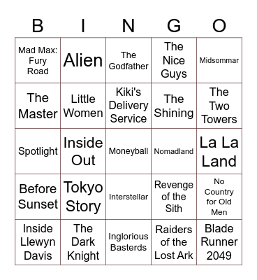 My Favorite Movies Bingo Card