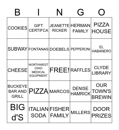 PIZZA PARTY BINGO Card