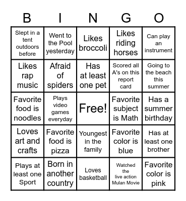All About Me Bingo Card