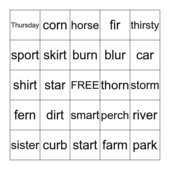 -ar,-or,-er,-ir,-ur Bingo Card