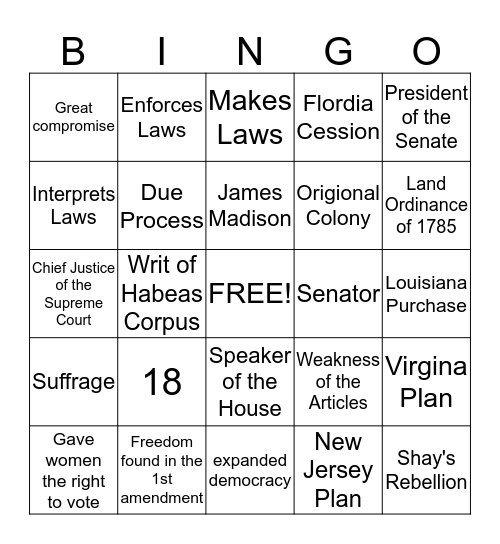 Constitutional Bingo Card