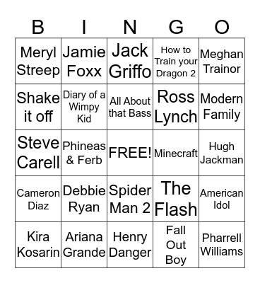 Nickelodeon Kids' Choice Awards 2015 Bingo Card