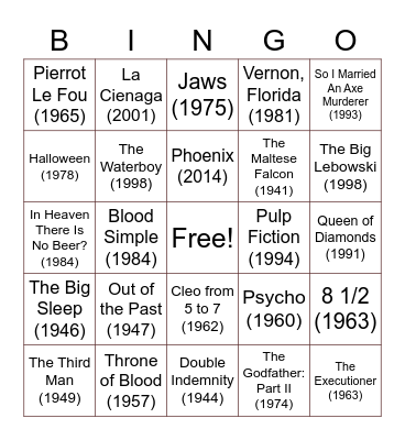 My Favorite Movies Bingo Card Bingo Card