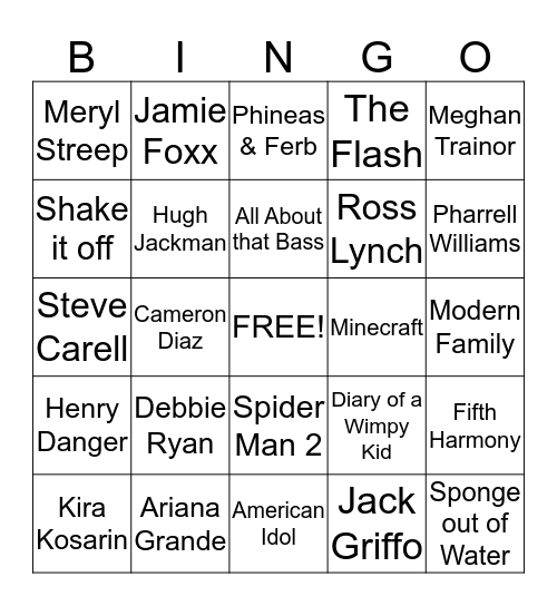Nickelodeon Kids' Choice Awards 2015 Bingo Card