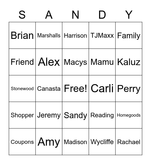 Sandy's 80th! Bingo Card