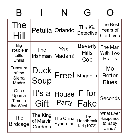 My Favorite Movies Bingo Card