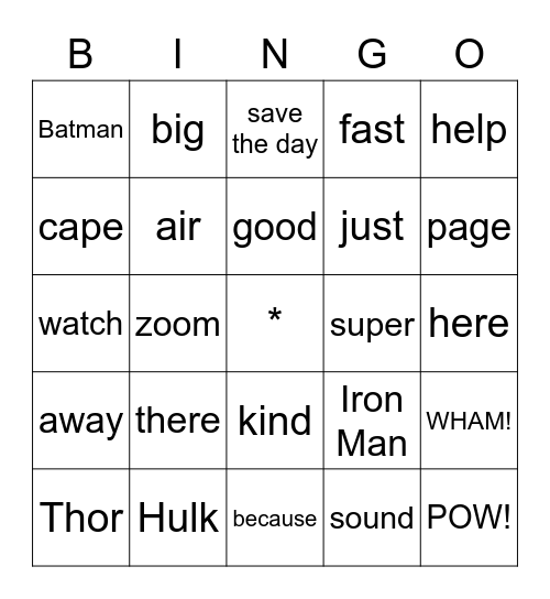 Superhero Bingo Card