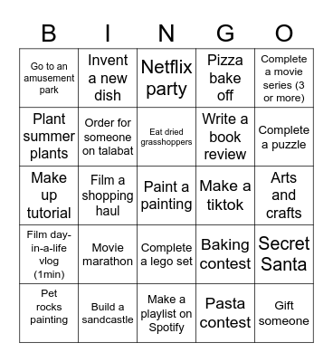 Summer bucket list Bingo Card