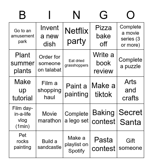 Summer bucket list Bingo Card