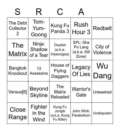 MARTIAL ARTS FILMS 2 Bingo Card