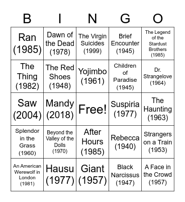 Favorite Movies Bingo Card