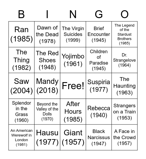 Favorite Movies Bingo Card