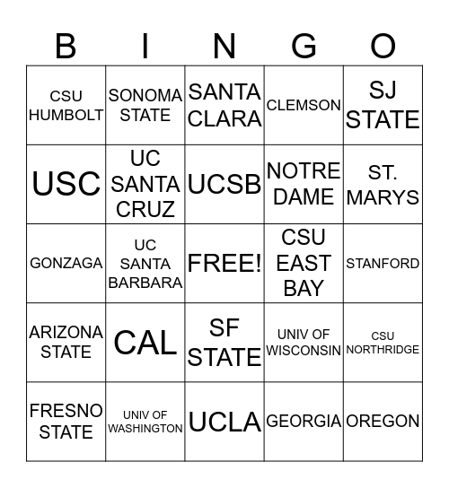 College BINGO Card