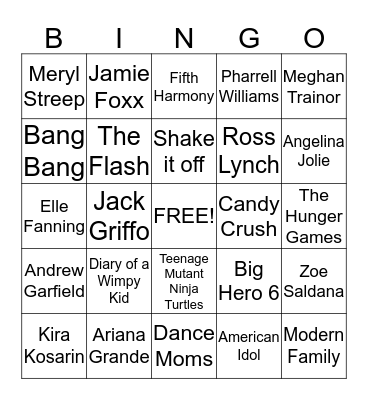 Nickelodeon Kids' Choice Awards 2015 Bingo Card