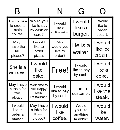 Restaurant Bingo Card