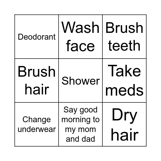 Morning routine Bingo Card