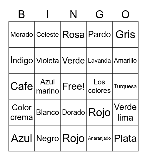 Colores en espanól Bingo Card