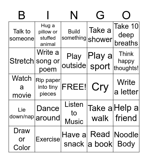 Coping Skills Bingo Card