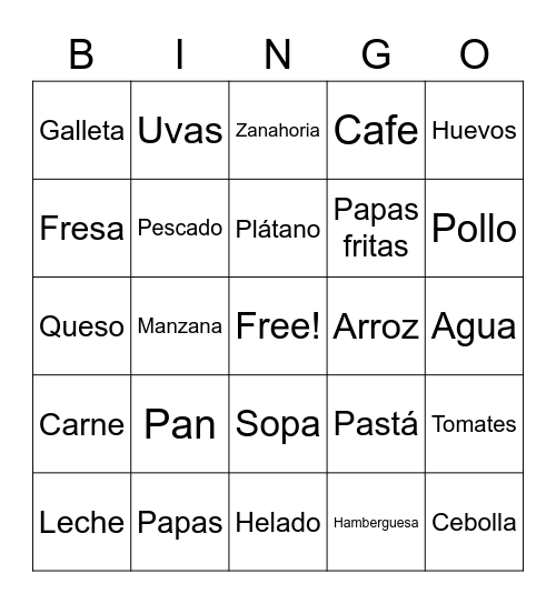 Comida y bebe en espanól Bingo Card