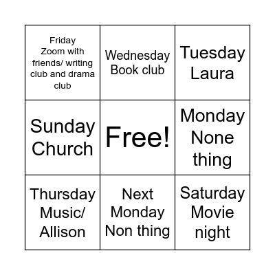 My week Bingo Card