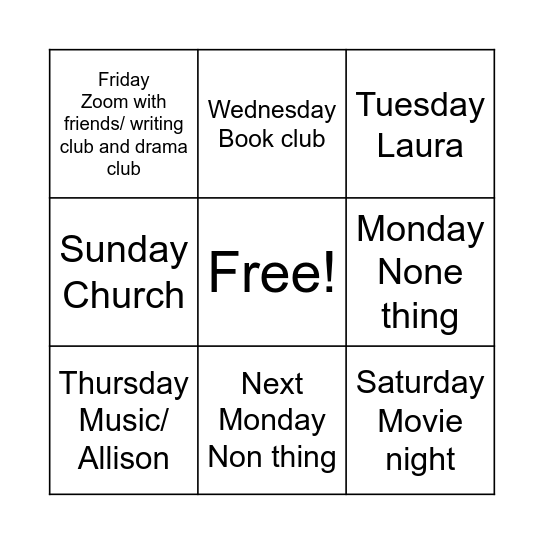 My week Bingo Card